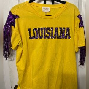 Louisiana Yellow T-Shirt with Purple Sequin Fringe - Fantastic Fawn (M)